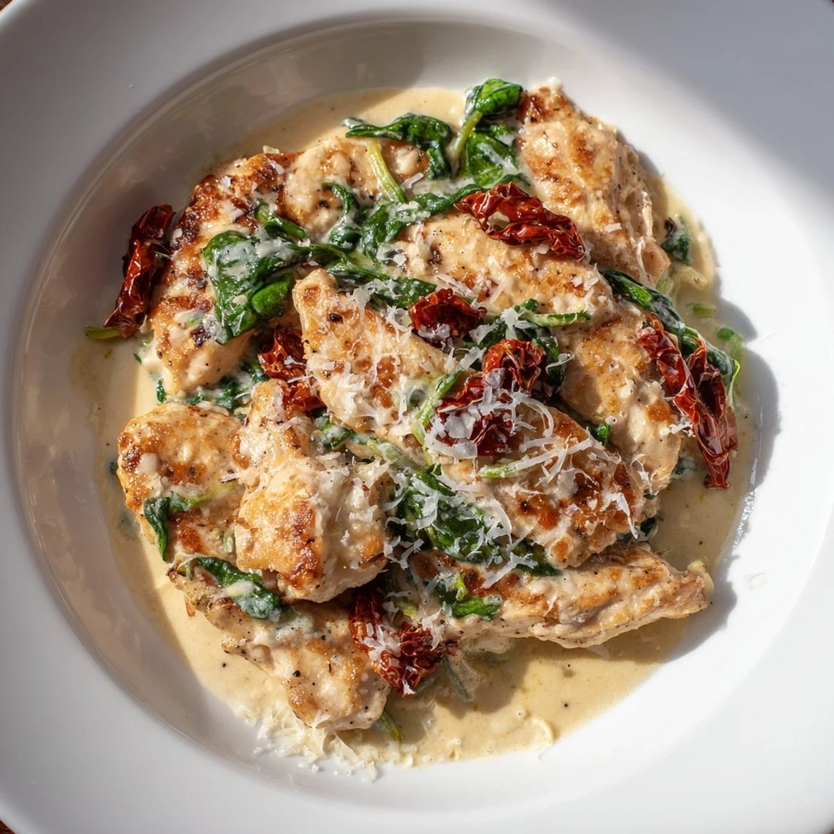 This comforting Creamy Tuscan Chicken dish features perfectly cooked chicken and a creamy Parmesan sauce.