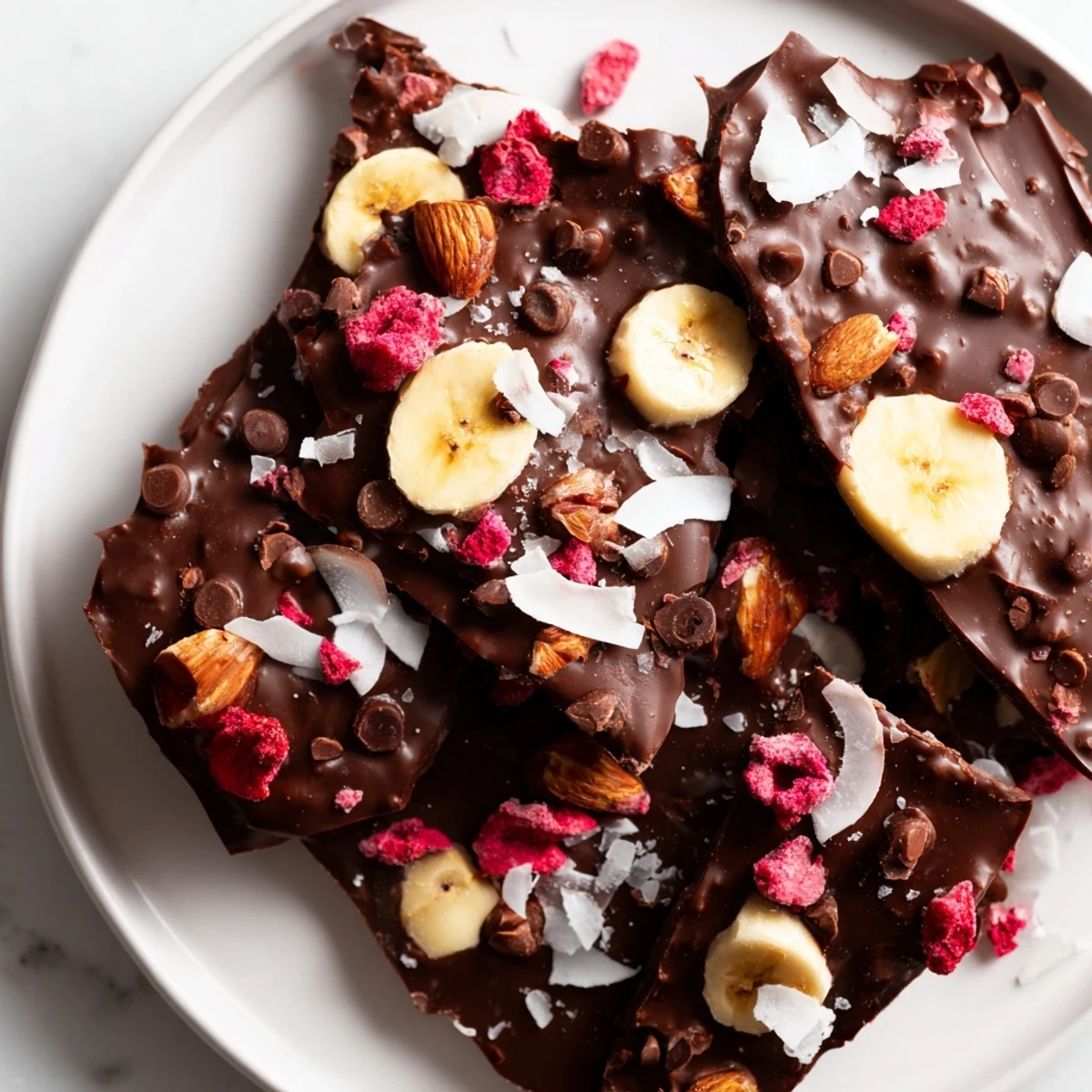 Frozen Chocolate Banana Bark with a generous layer of melted chocolate and crunchy toppings.