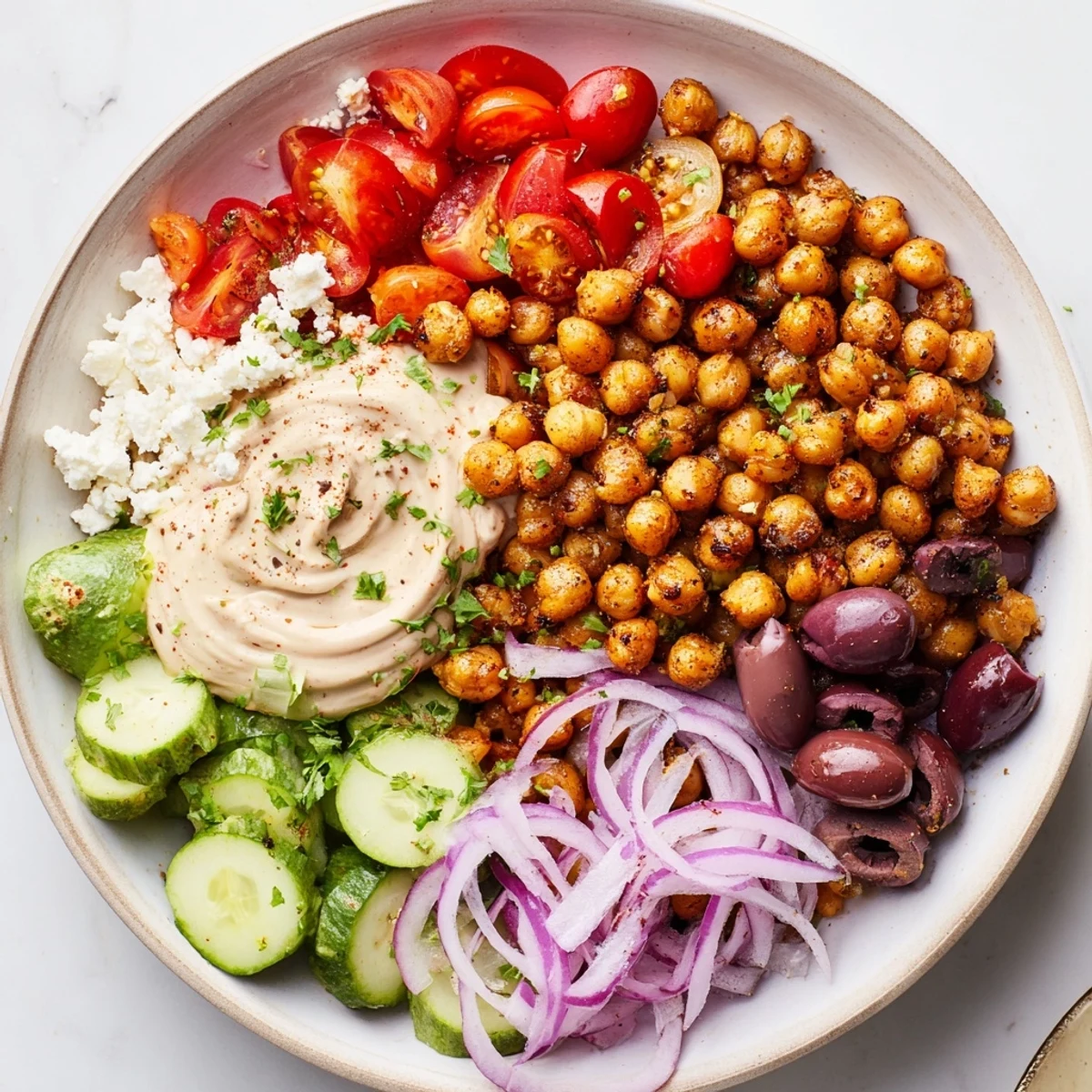 A colorful Mediterranean Chickpea Bowl, featuring roasted chickpeas and fresh, chopped vegetables.