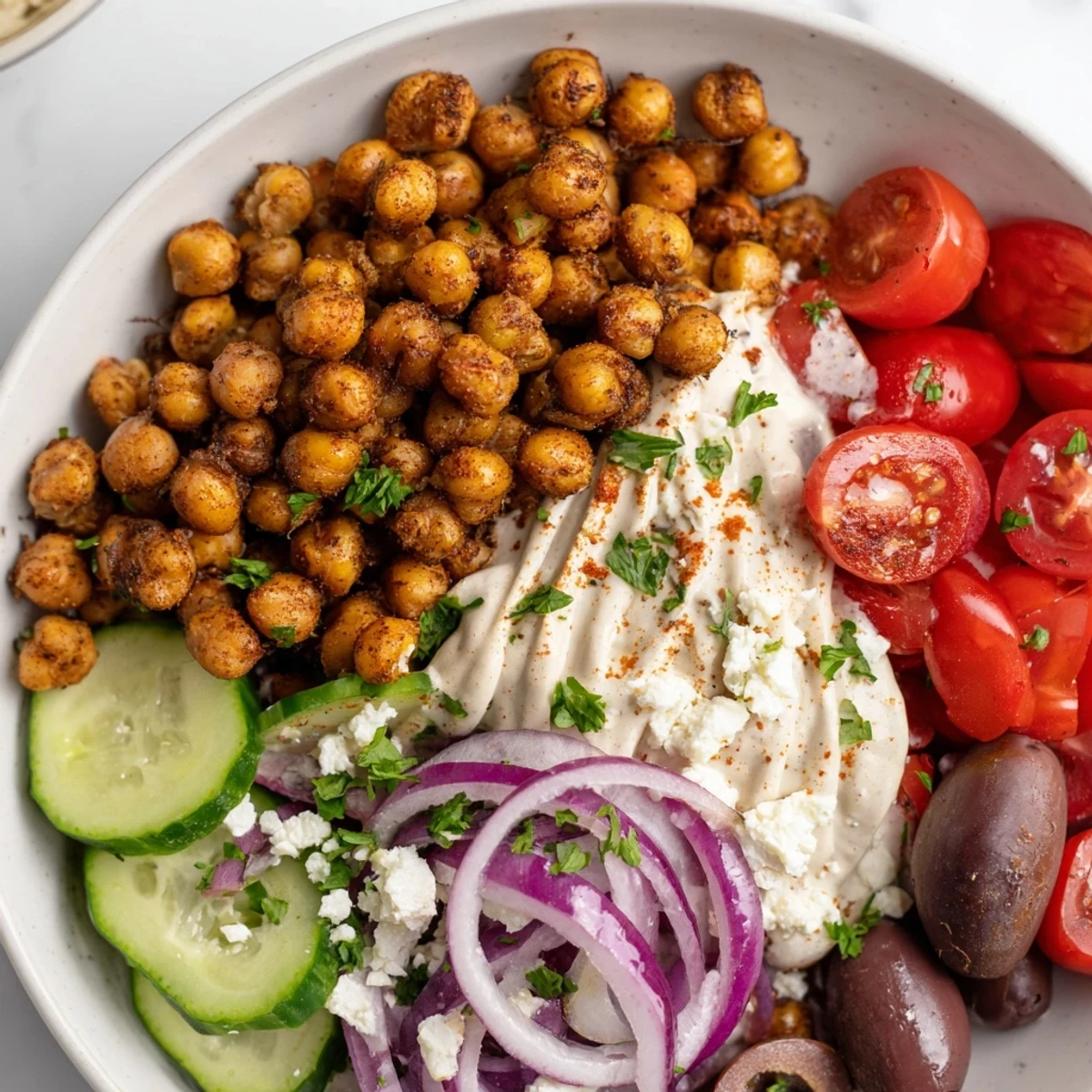Imagine a hearty Mediterranean Chickpea Bowl with crispy chickpeas, tomatoes, and a bright lemon garnish.