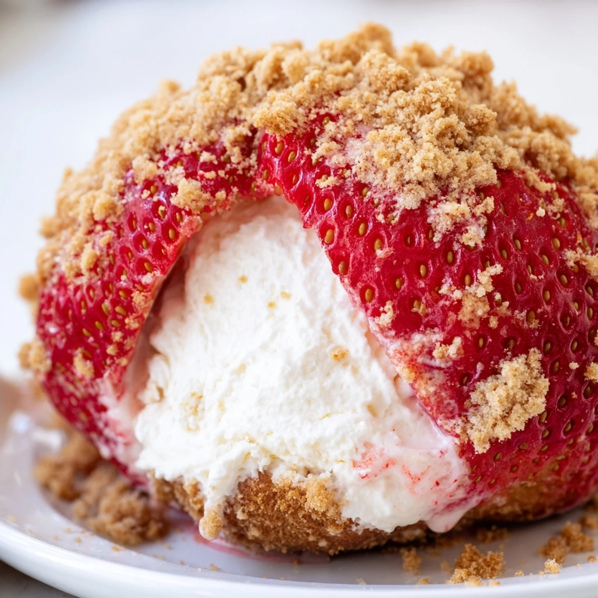 Fresh, juicy Cheesecake Stuffed Strawberries, cream-filled and sprinkled with graham cracker topping, ready to eat.