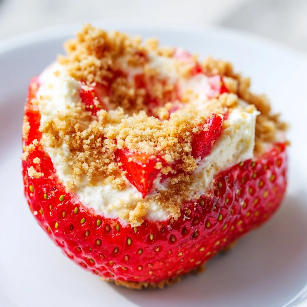 Close-up of vibrant Cheesecake Stuffed Strawberries; a sweet, bite-sized American dessert, perfect for summer.