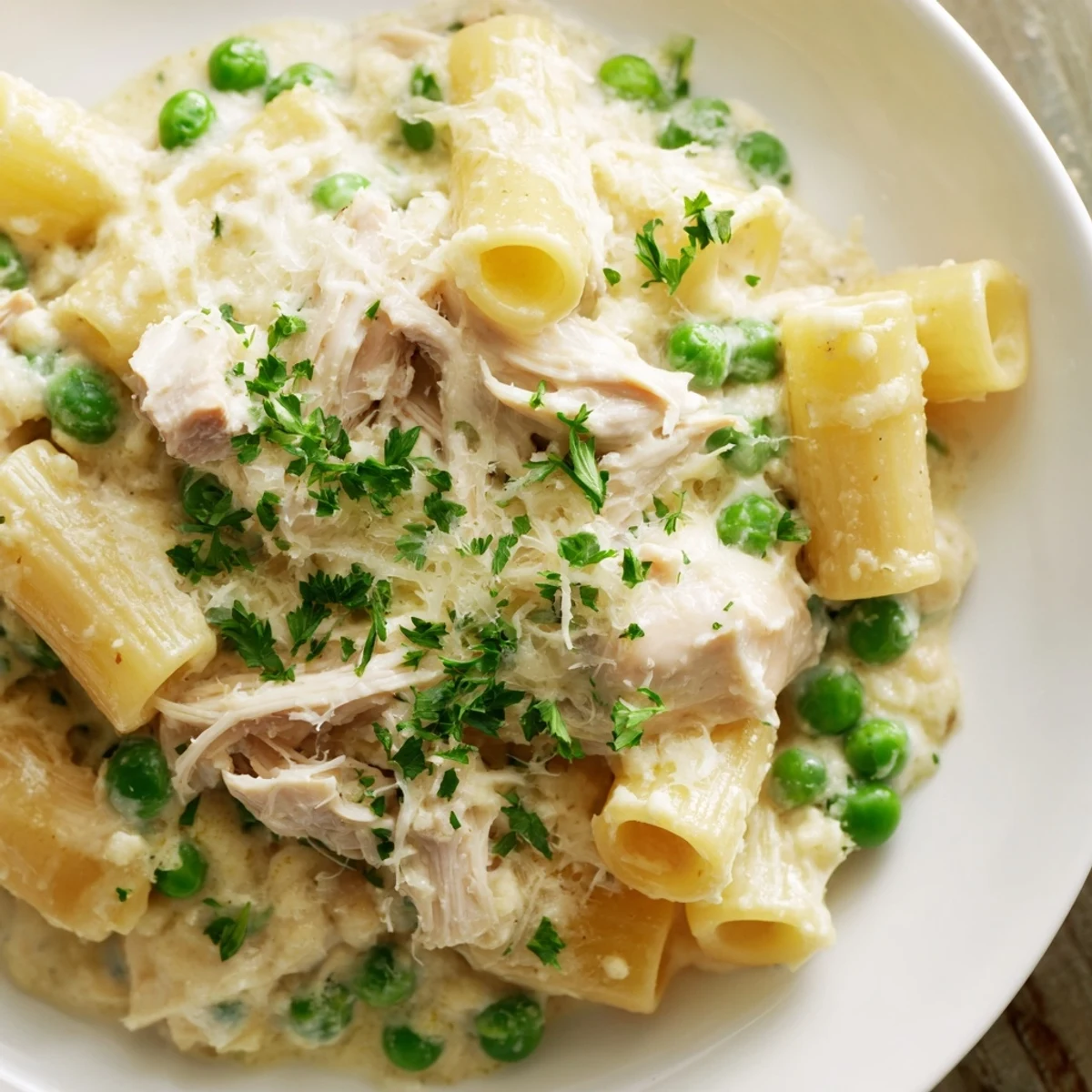 This Slow Cooker Chicken Alfredo Pasta Bake boasts tender chicken, penne, and a luscious Alfredo-style sauce; perfect dinner!