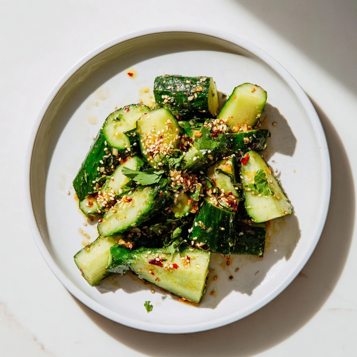 Vibrant Chinese Spicy Smashed Cucumber Salad: Cool, smashed cucumbers glistening in a spicy, sesame-infused dressing.