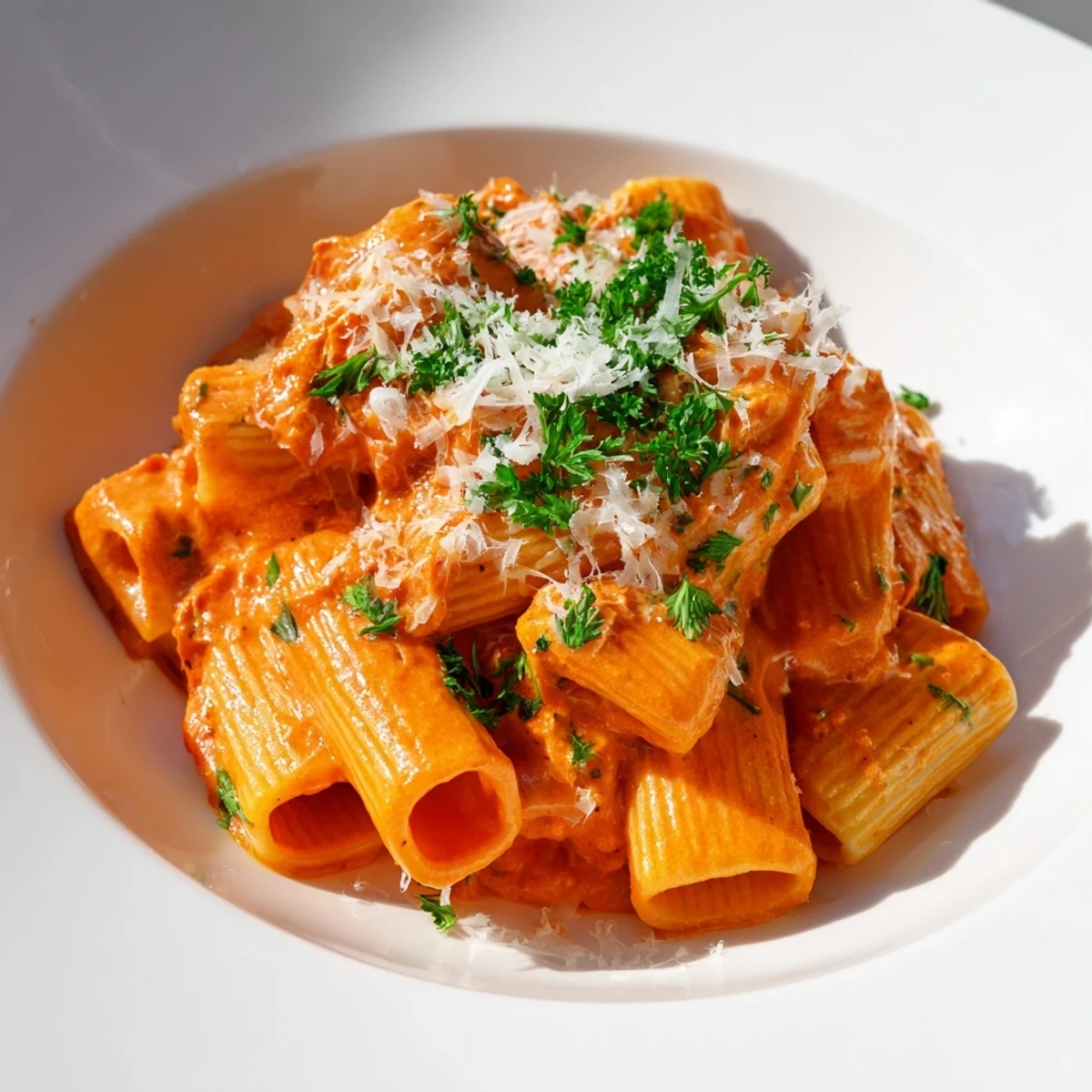 Gigi Hadid-Style Spicy Rigatoni, a vibrant pasta dish coated in creamy, fiery tomato sauce, garnished with fresh parsley.