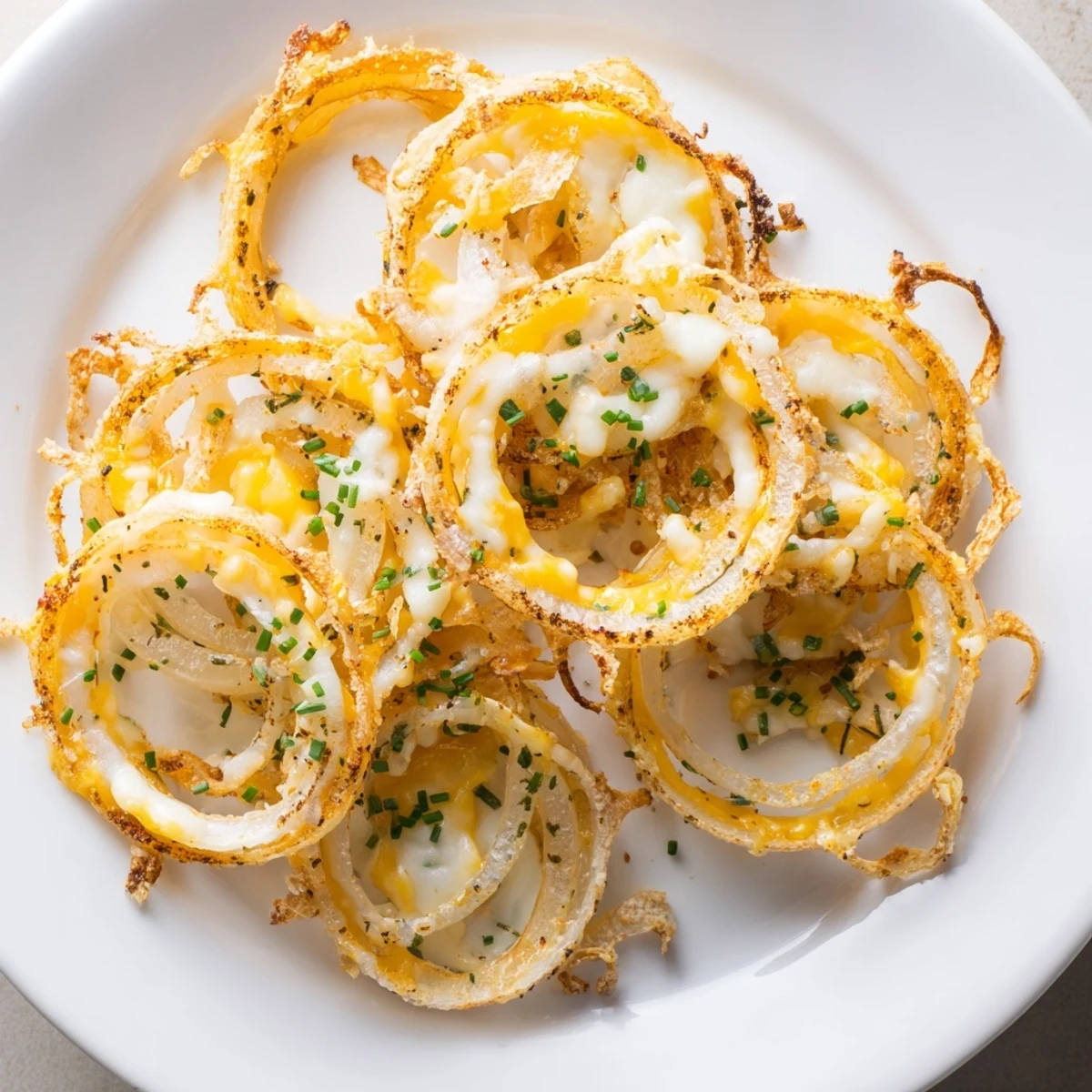Air-fried to perfection, these Crispy Onion Cheese Chips are topped with bubbly, golden cheese and herbs.