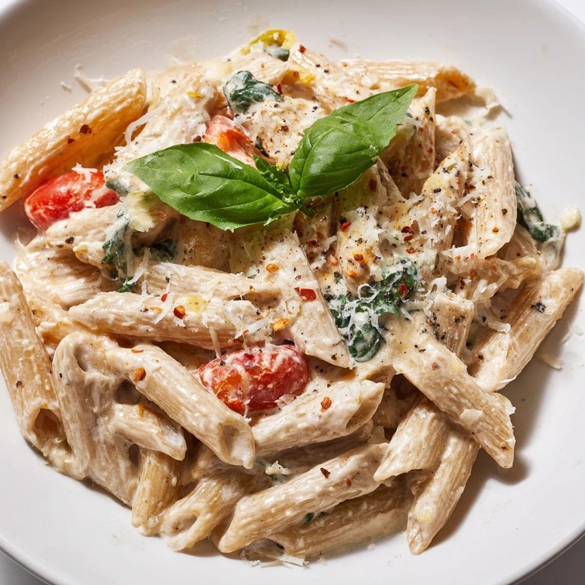 Steaming bowl of Cottage Cheese High-Protein Creamy Pasta, freshly topped with basil and parmesan.
