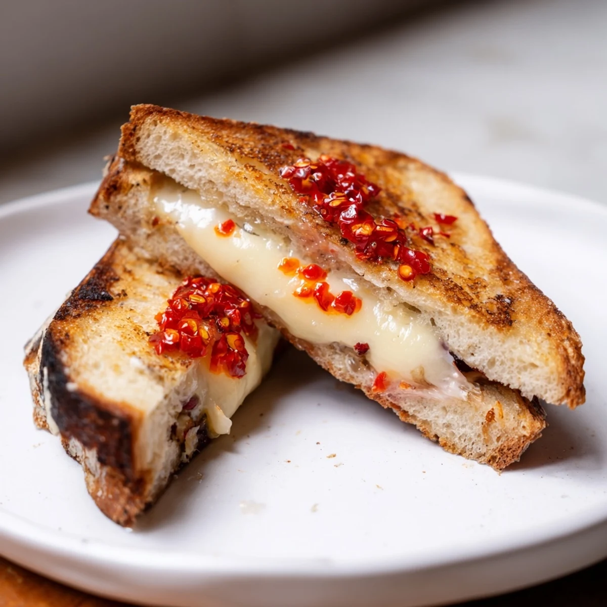 Golden, melted Brie and chili crisp oozing from a Brie and Chili Crisp Grilled Cheese.