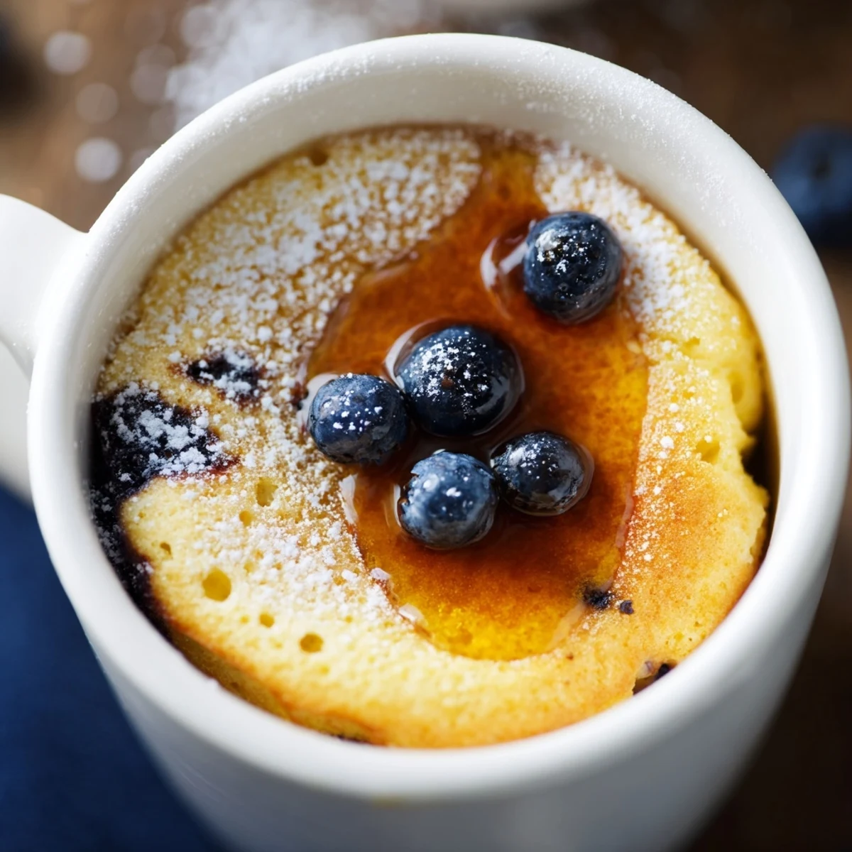 Steaming hot microwave mug pancakes topped with maple syrup and fresh berries, ready to eat.