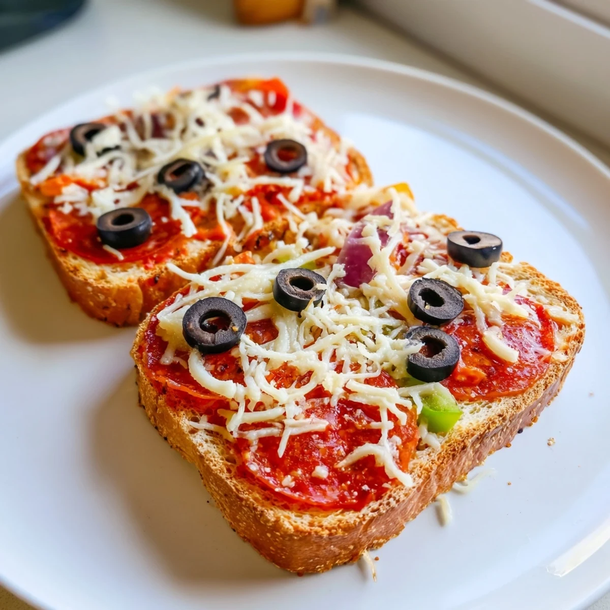 Delicious Air Fryer Pizza Toast, with bubbling cheese and crispy toasted bread, ready to enjoy.