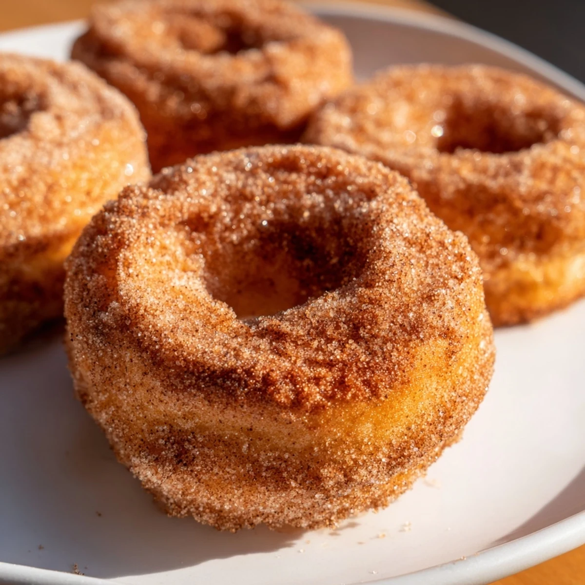 Golden, crispy 1-Minute Air Fryer Donuts, coated in cinnamon sugar and smelling heavenly fresh from the air fryer.