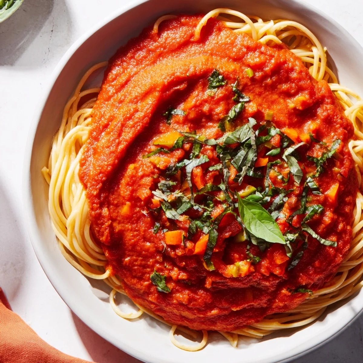 This flavorful Veggie-Loaded Tomato Pasta Sauce simmers with tender vegetables, blended to perfection.