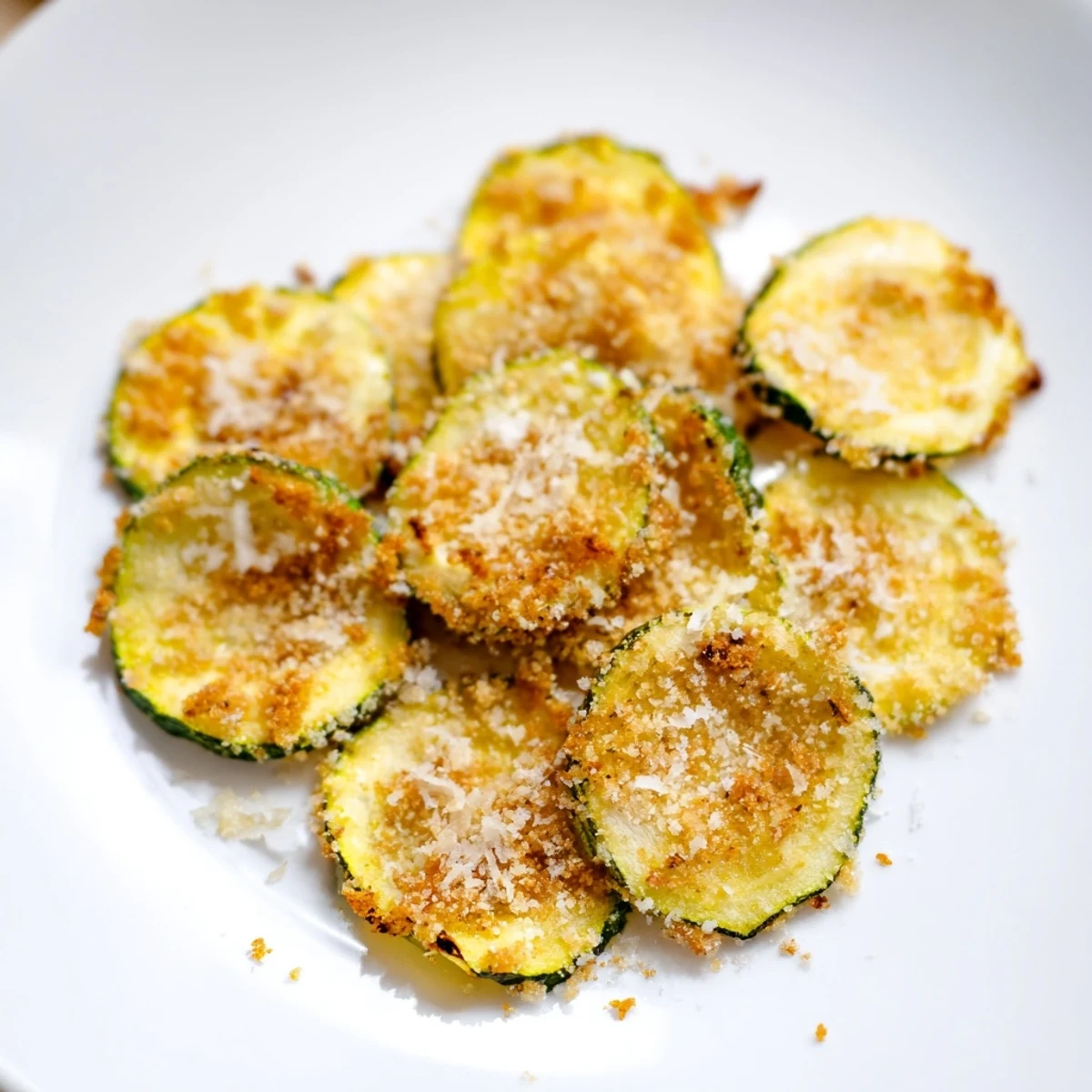 Crispy Zucchini Chips, lightly breaded and air-fried to a satisfying crunch, ready to enjoy as a snack.