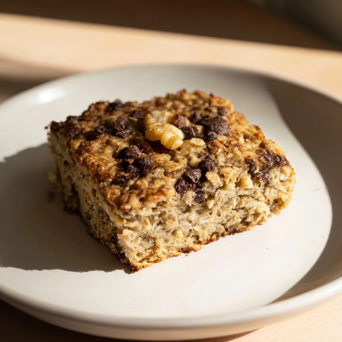 Freshly baked Baked Oats That Taste Like Cake with a moist interior and optional chocolate chips visible.