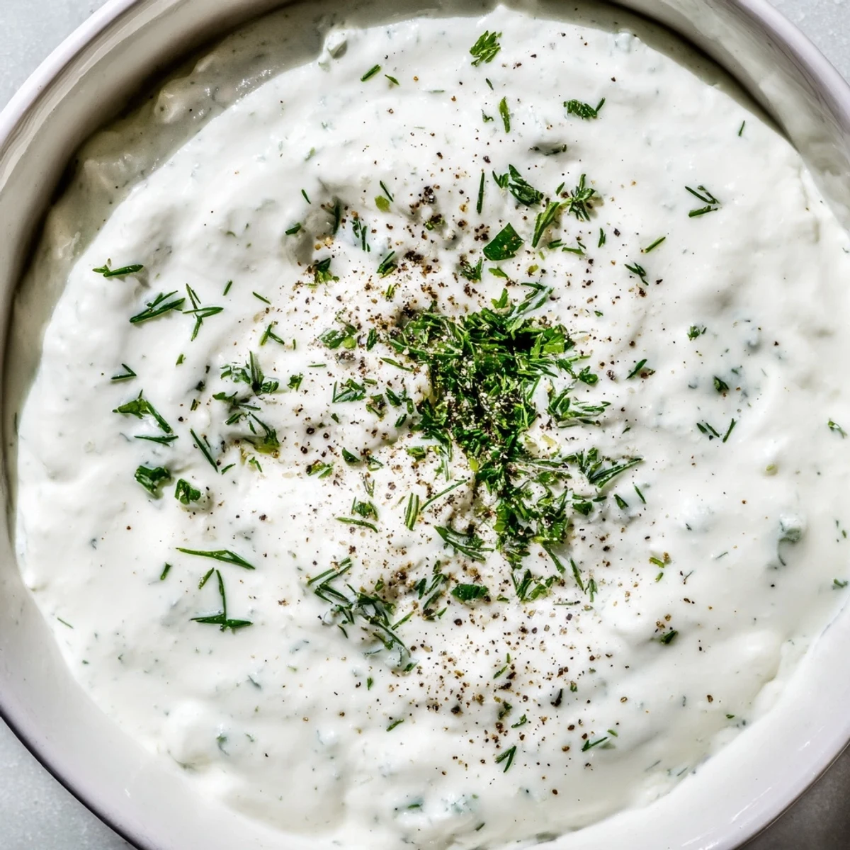 Creamy Greek yogurt herb dip, flecked with green herbs, ready for dipping vegetables.