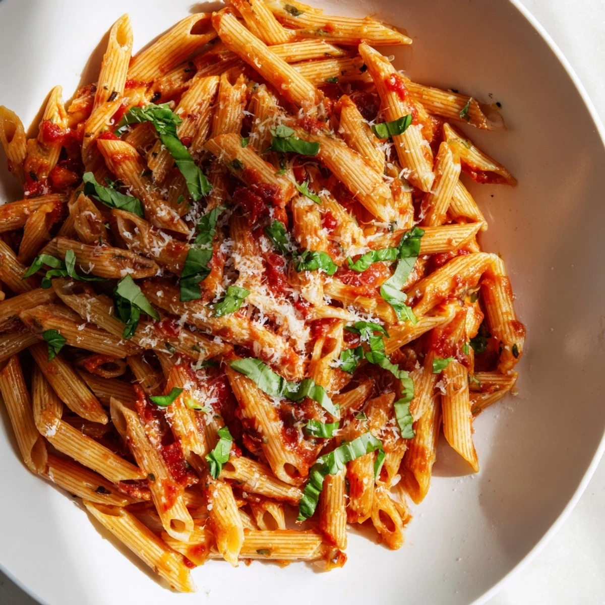 Steaming bowl of Microwave Bowl Pasta coated in vibrant red marinara sauce, ready to eat.