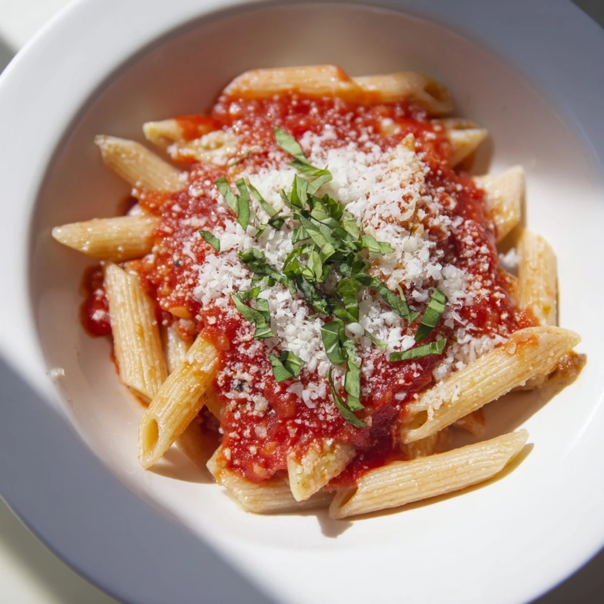 Freshly cooked Microwave Bowl Pasta with Parmesan cheese and basil, a quick, easy meal.