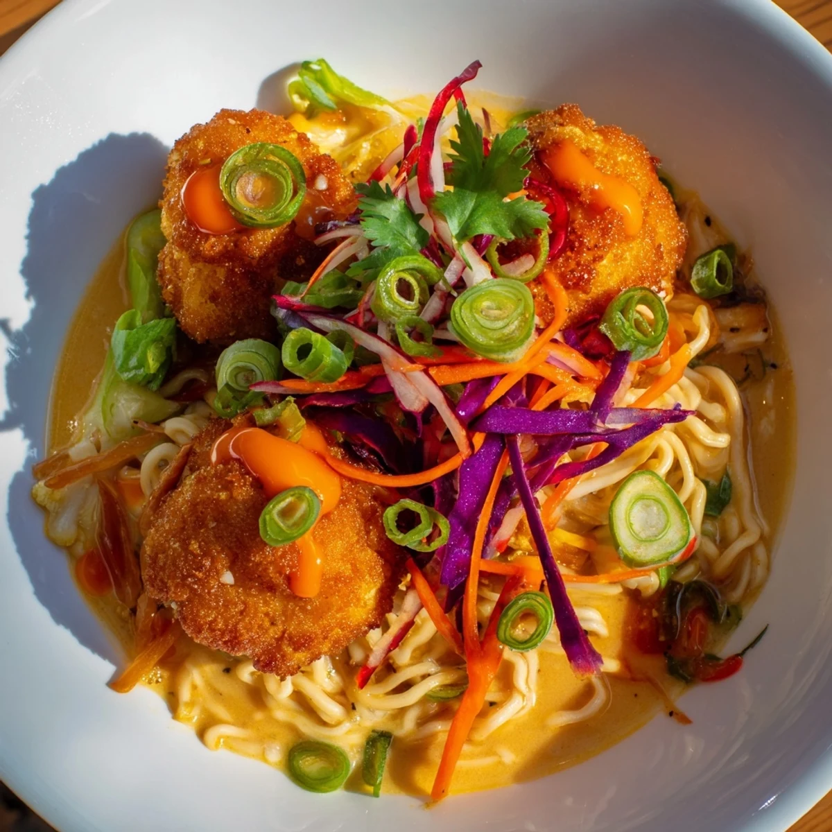 Steaming bowl of Chaos Cooking Buffalo Cauliflower Ramen, featuring crispy bites and a creamy broth.