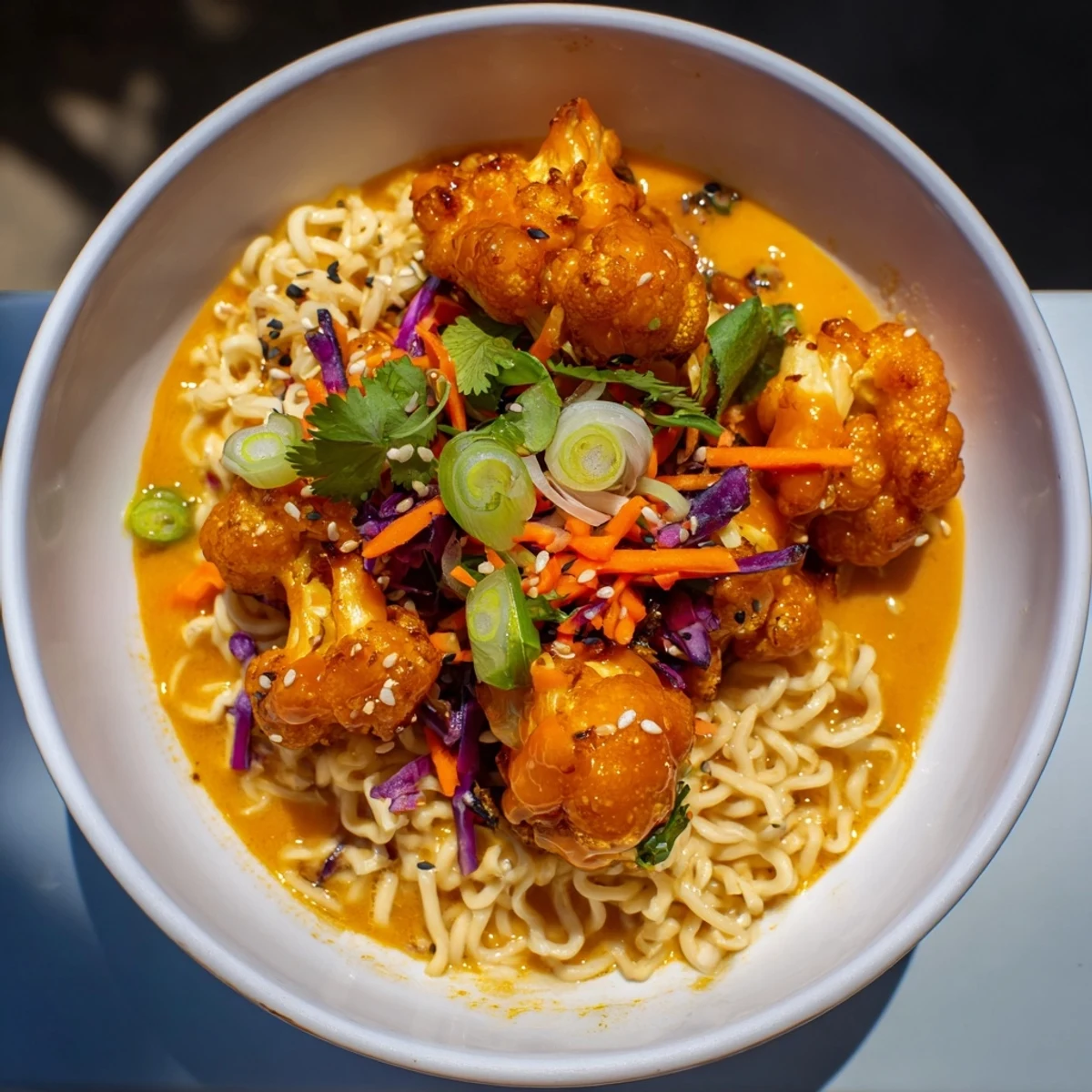 Close-up of Chaos Cooking Buffalo Cauliflower Ramen; creamy, flavorful broth, topped with colorful vegetables, and cauliflower florets.