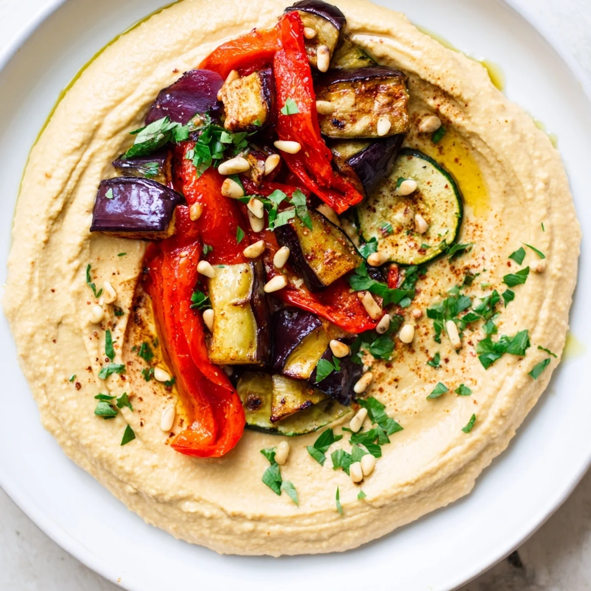 Vibrant Hummus Roasted Veggies, featuring colorful, charred vegetables atop creamy homemade hummus, ready to enjoy.