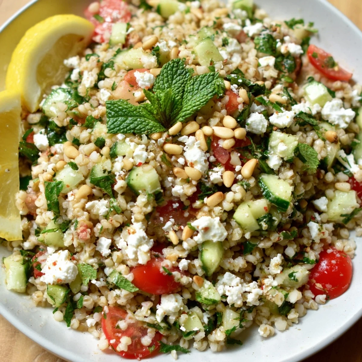 A colorful Tabbouleh Grain Bowl, brimming with fresh ingredients and a bright lemon dressing.