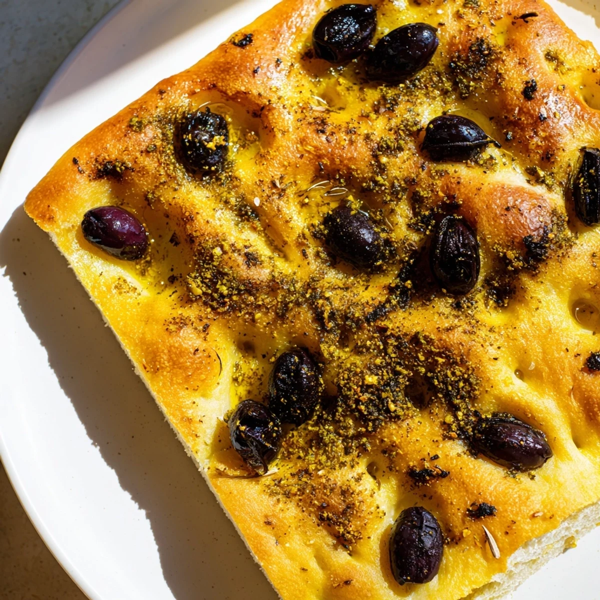 Golden-brown Zaatar Olive Focaccia, with crispy edges and sprinkled with fragrant zaatar spice and olives.