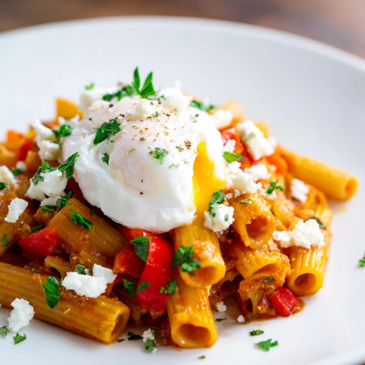 Shakshuka Baked Pasta bursting with vibrant red sauce and perfectly poached eggs, ready to serve.