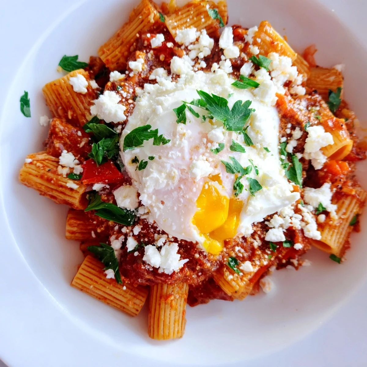 A baked skillet of Shakshuka Pasta combines flavors, featuring pasta nestled in a spicy tomato sauce.