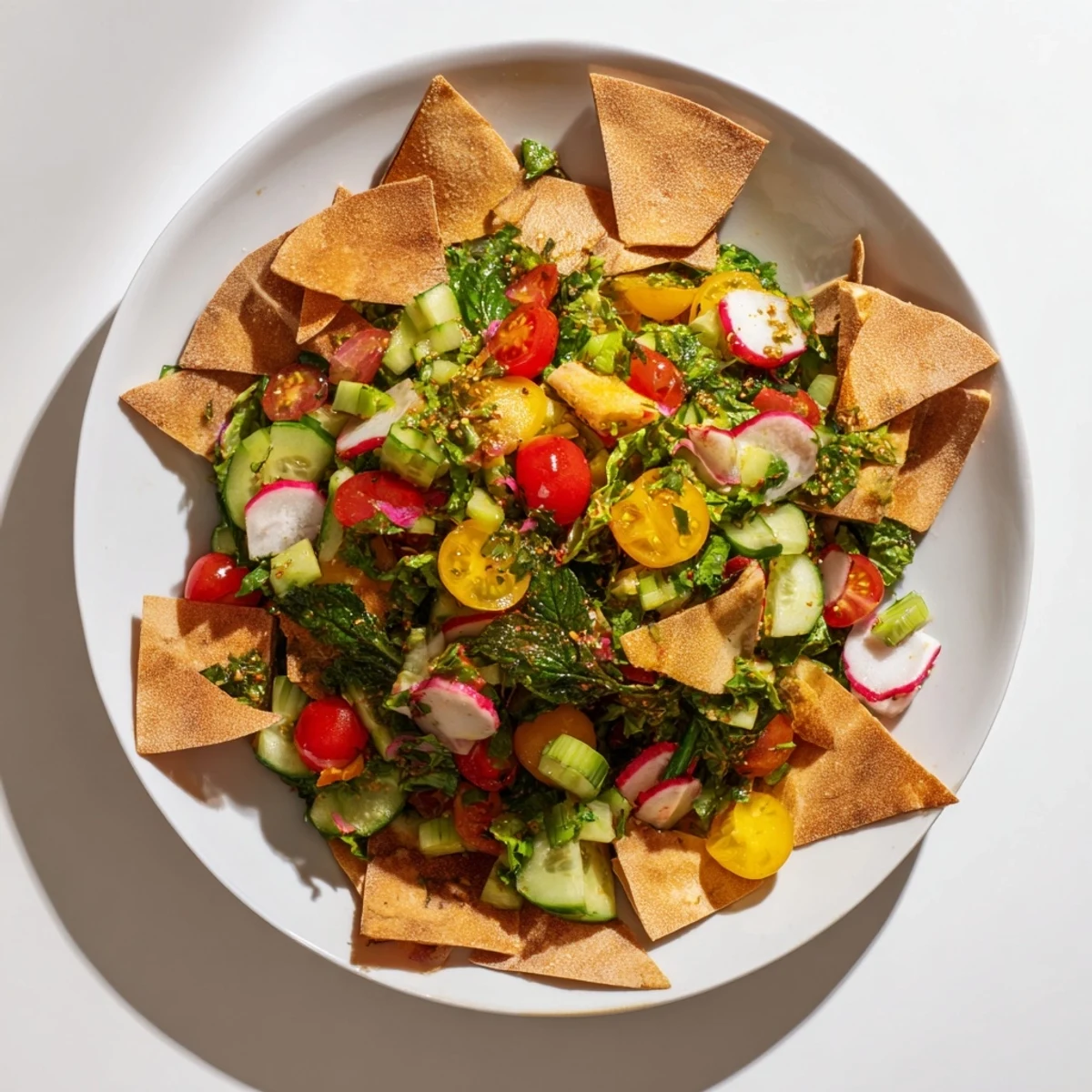 A close-up of a refreshing Fattoush Crunch Salad, drizzled with zesty dressing and crunchy pita.