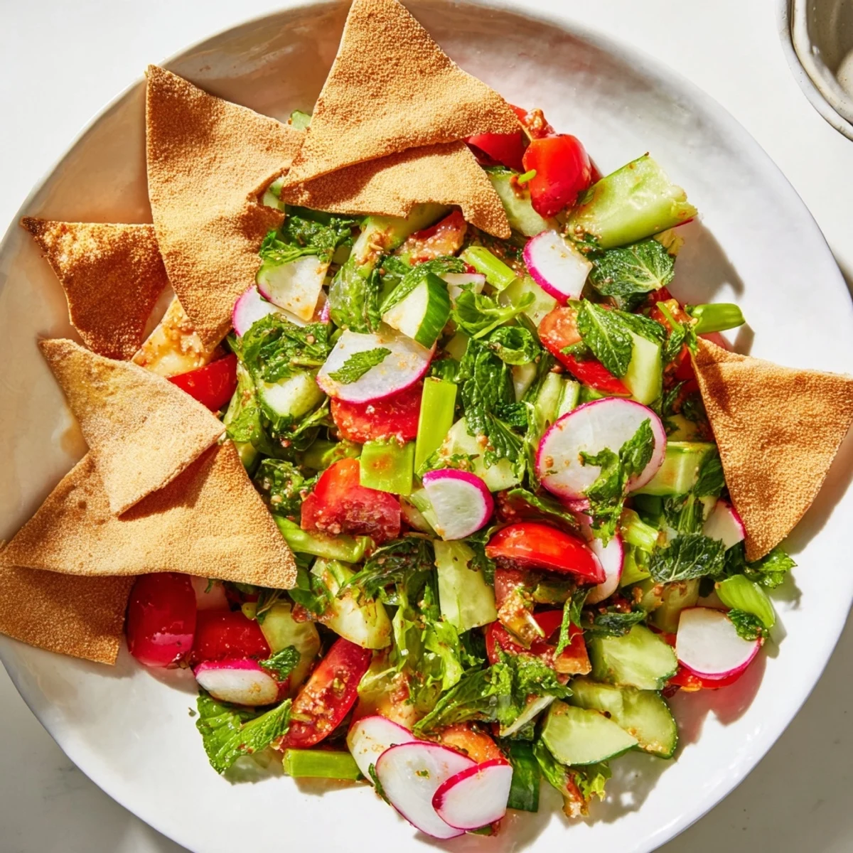 Vibrant Fattoush Crunch Salad with colorful, fresh vegetables and crispy pita chips for a flavorful meal.