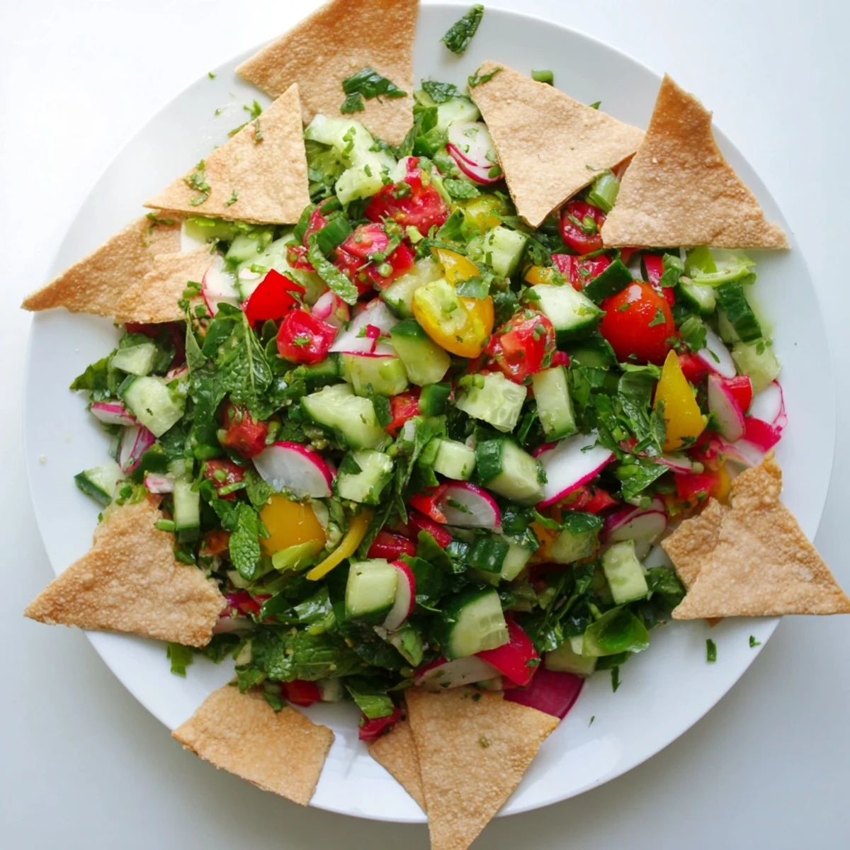 Enjoy a delicious Fattoush Crunch Salad, bursting with the flavors of Middle Eastern cuisine.