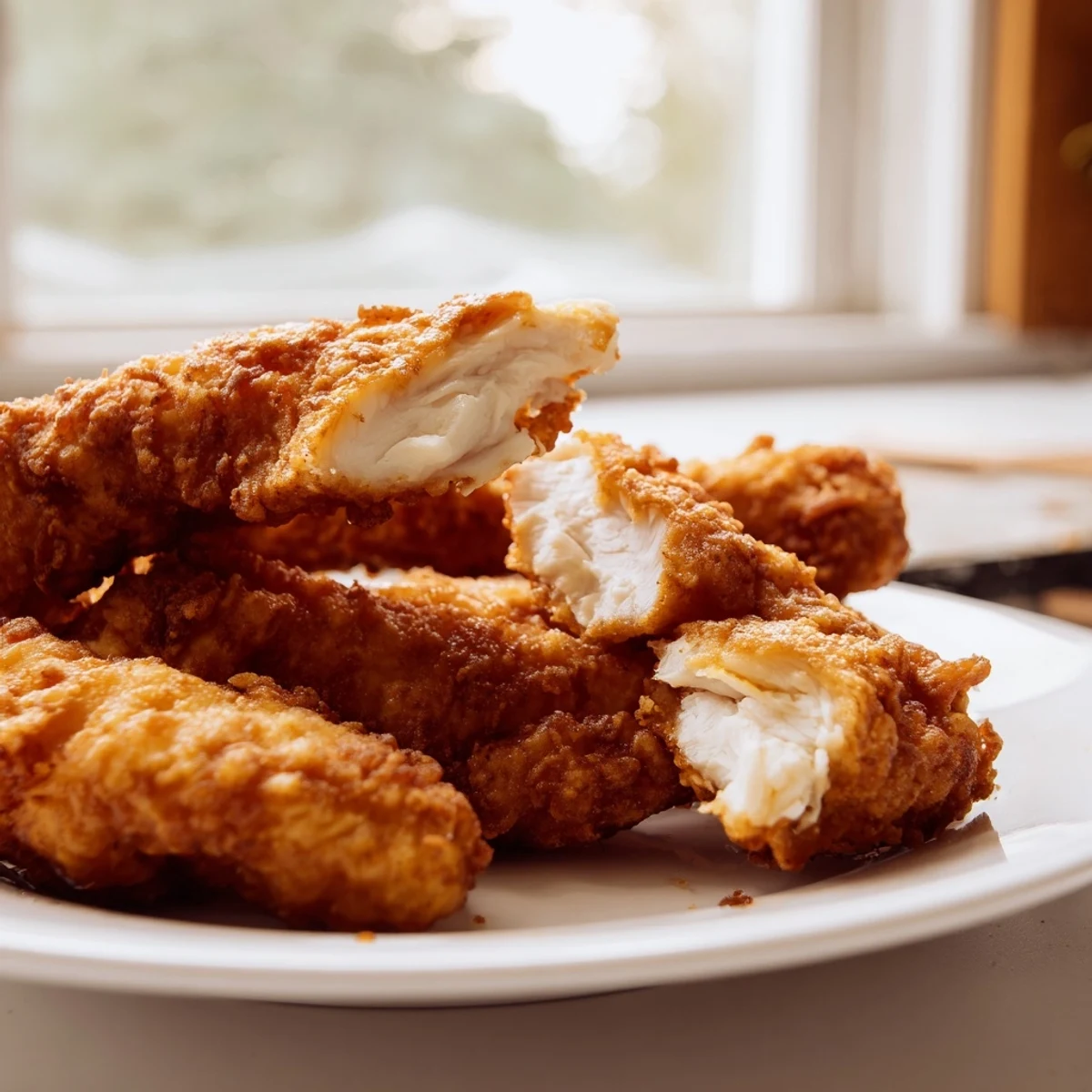 Crispy Fried Chicken Tenders, perfectly fried until golden and crisp, arranged on a rustic wooden platter.