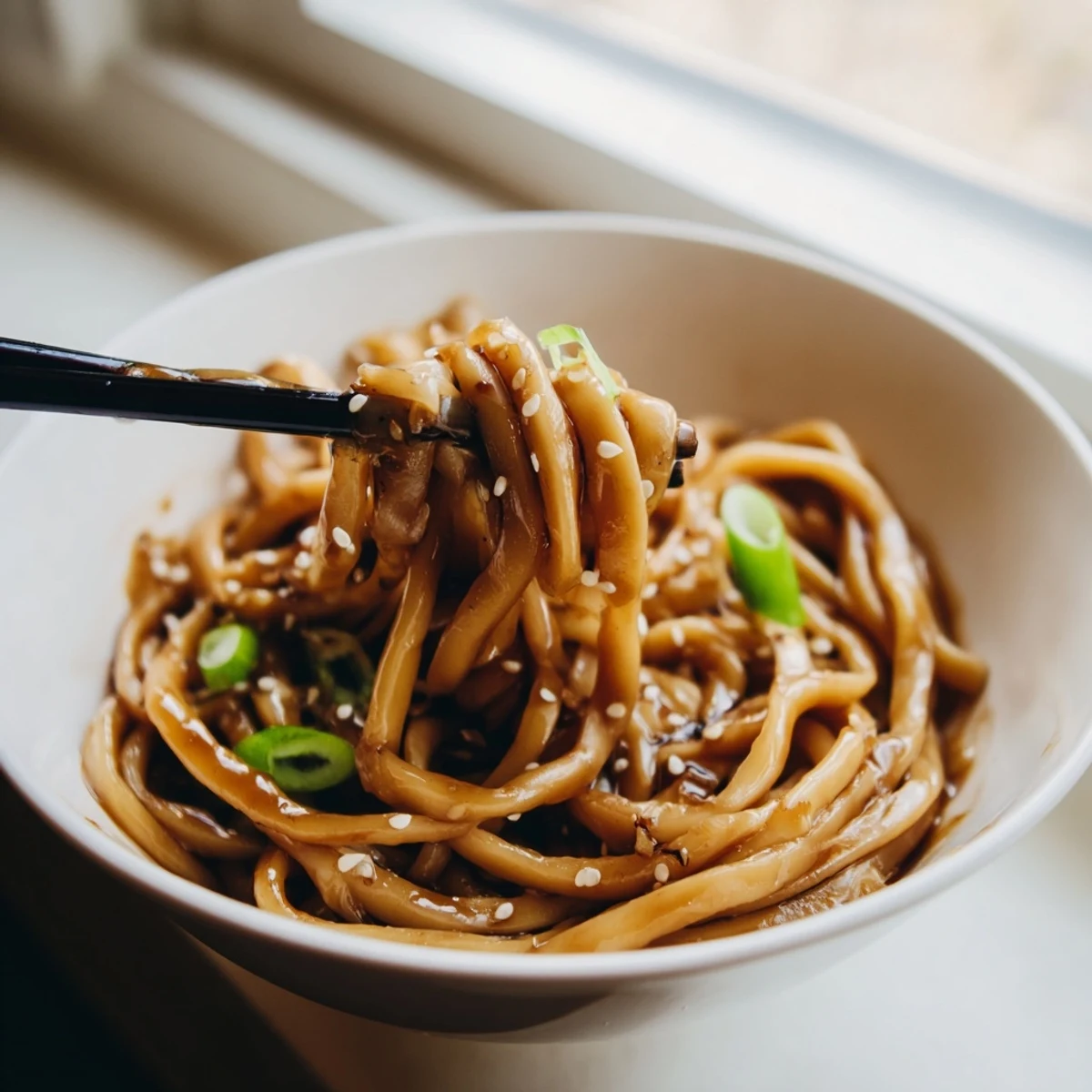 Glossy Asian Garlic Noodle Bowl garnished with toasted sesame seeds, fresh cilantro, and vibrant julienned carrots on a rustic plate.  