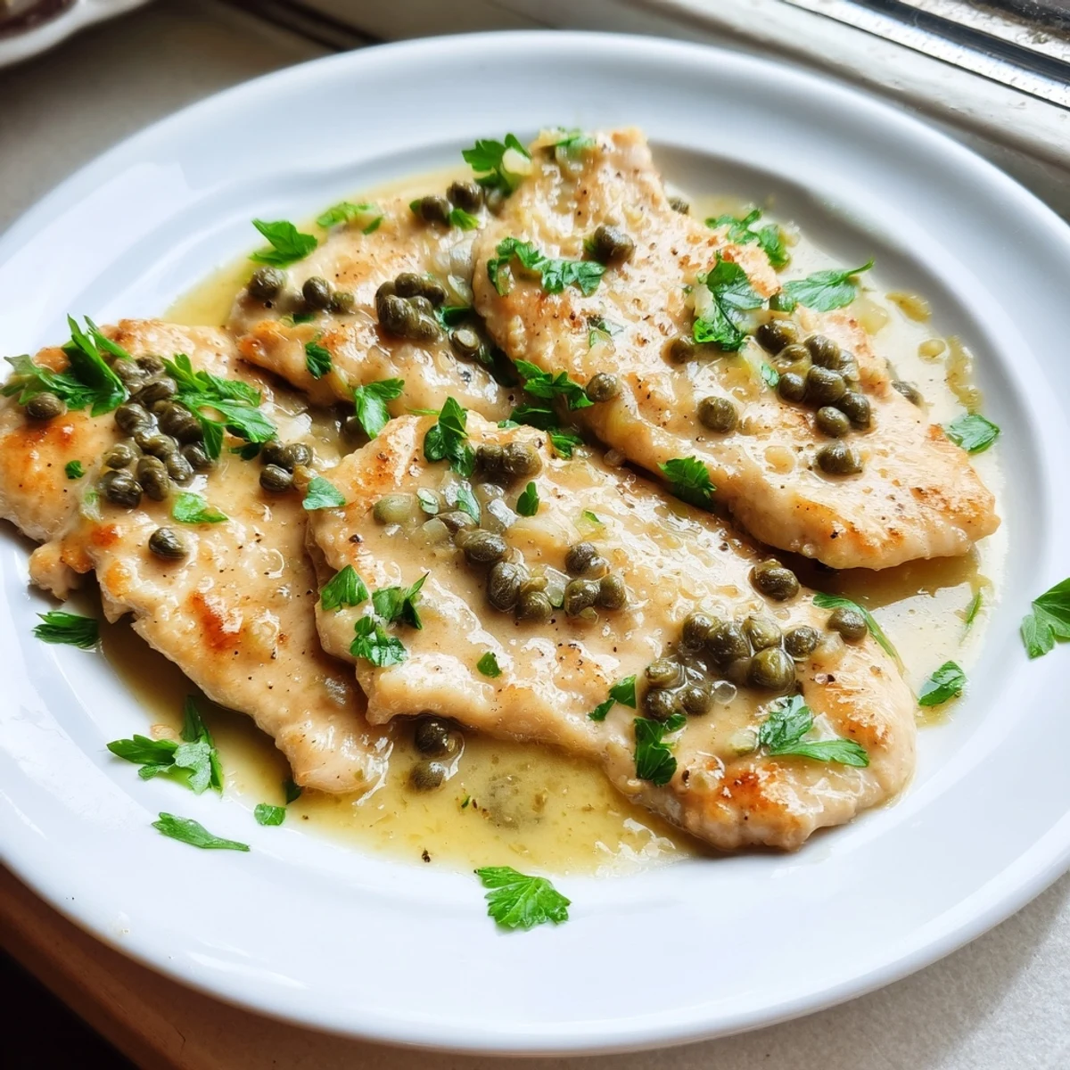 Golden-brown chicken piccata resting in a creamy lemon-caper sauce, garnished with fresh parsley on a rustic plate.