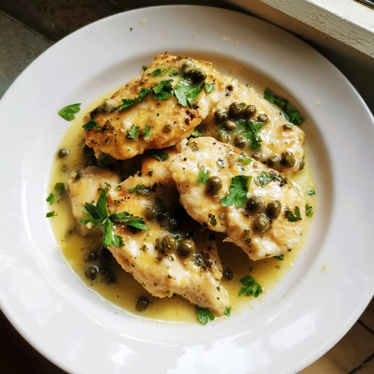 A close-up view of tender chicken piccata, sauced in a creamy lemon and caper mixture over pasta.