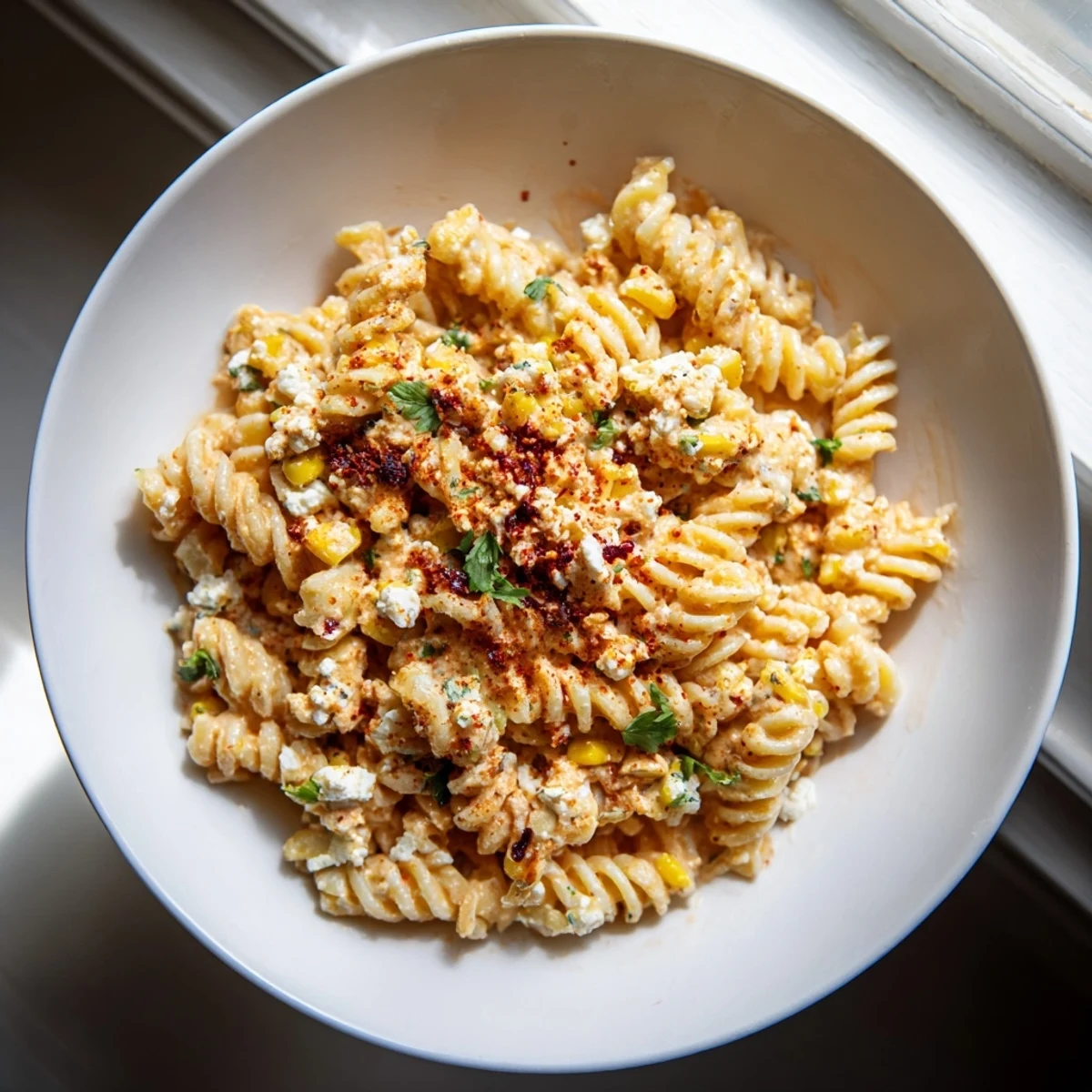 Creamy Mexican Street Corn Pasta with charred corn and crumbled cotija cheese, topped with fresh cilantro and lime.