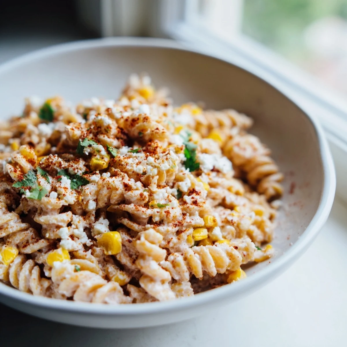 A bowl of warm Mexican Street Corn Pasta tossed in a smoky chili-lime sauce, served with lime wedges.