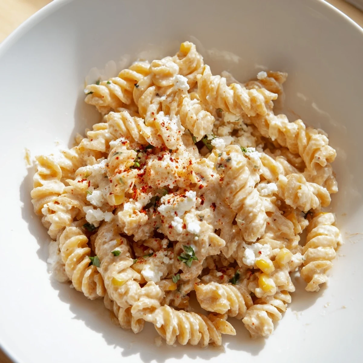 Steaming Mexican Street Corn Pasta with sweet corn, cotija cheese, and a touch of chili powder, ready to serve.