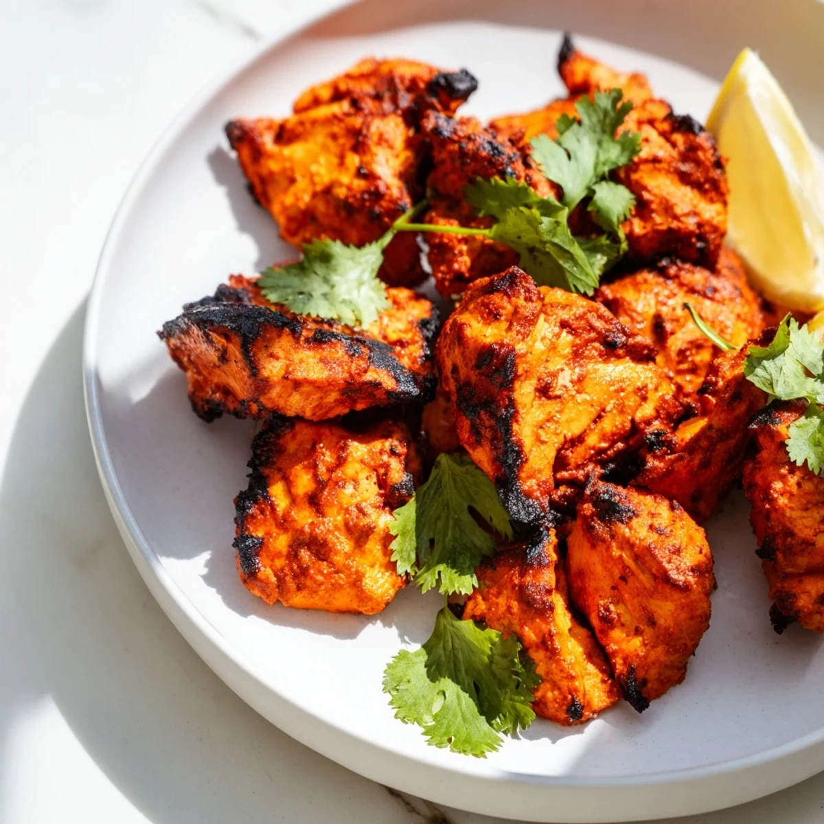 Vibrant Indian Tikka Spiced Chicken, garnished with red onion slices and lemon, ready to be served with warm naan or fluffy rice.