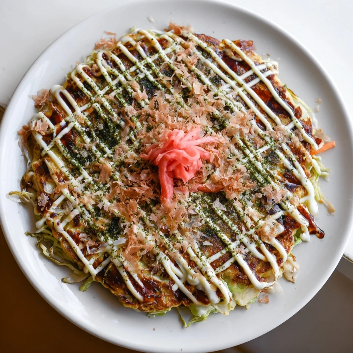 Golden-brown Japanese Okonomiyaki Pancakes topped with bonito flakes dancing in the steam and drizzles of tangy sauce and creamy mayo.