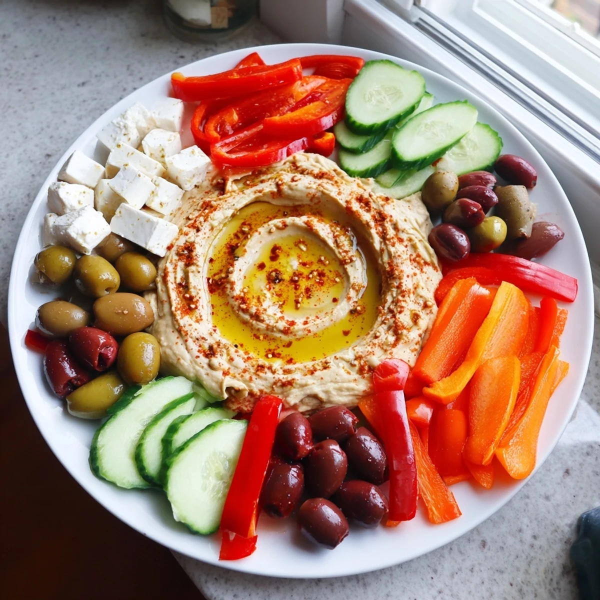 A vibrant Middle Eastern Mezze Platter showcases creamy hummus, feta, olives, and warm pita triangles for sharing.