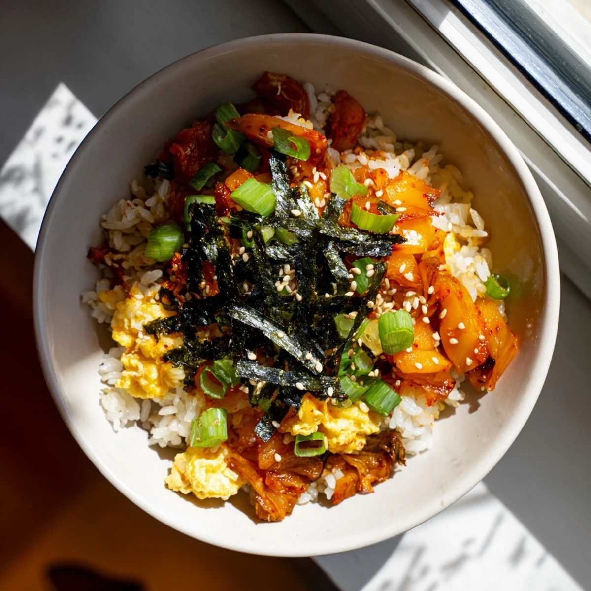 Sizzling Spicy Kimchi Fried Rice in a wok, garnished with green onions and served with chopsticks.