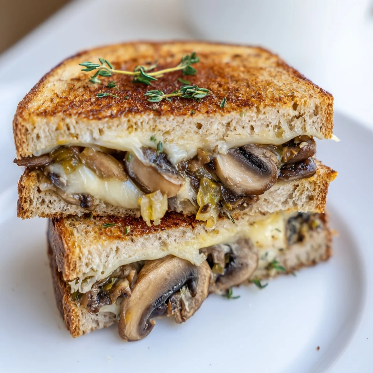 Two halves of a golden, vegetarian Mushroom Swiss Grilled Cheese are stacked beside a bowl of creamy tomato soup.