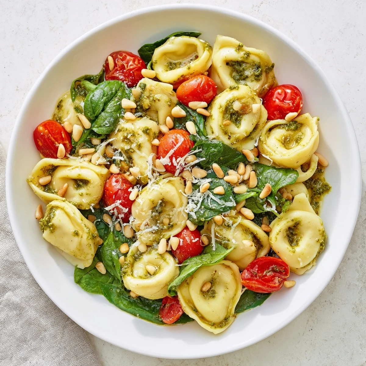 Close-up of vibrant Pesto Tortellini Salad featuring cheese tortellini, halved cherry tomatoes, and fresh baby spinach tossed in basil pesto.