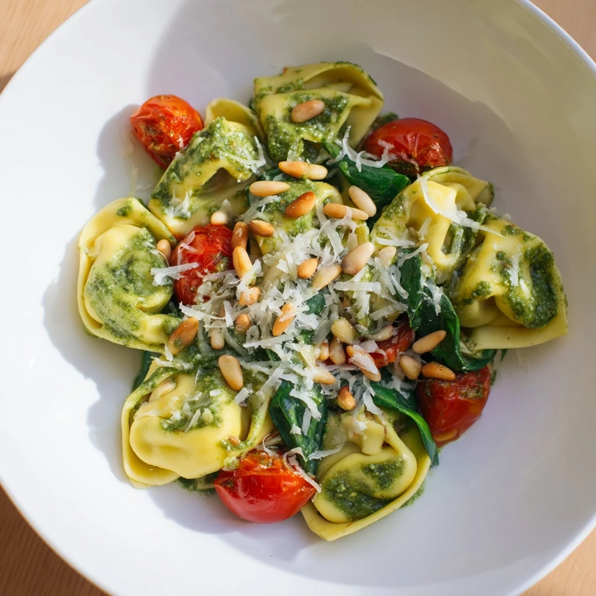 A chilled bowl of Pesto Tortellini Salad, garnished with toasted pine nuts and grated Parmesan, perfect for a summer picnic or potluck.