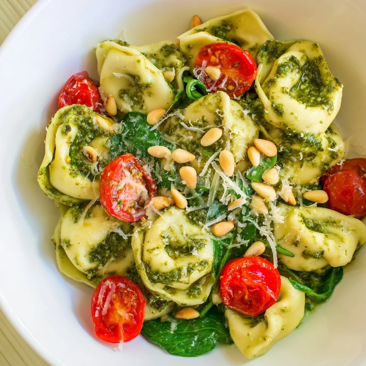 Overhead view of freshly prepared Pesto Tortellini Salad, highlighting the glistening pesto dressing on tender pasta and vibrant fresh vegetables.