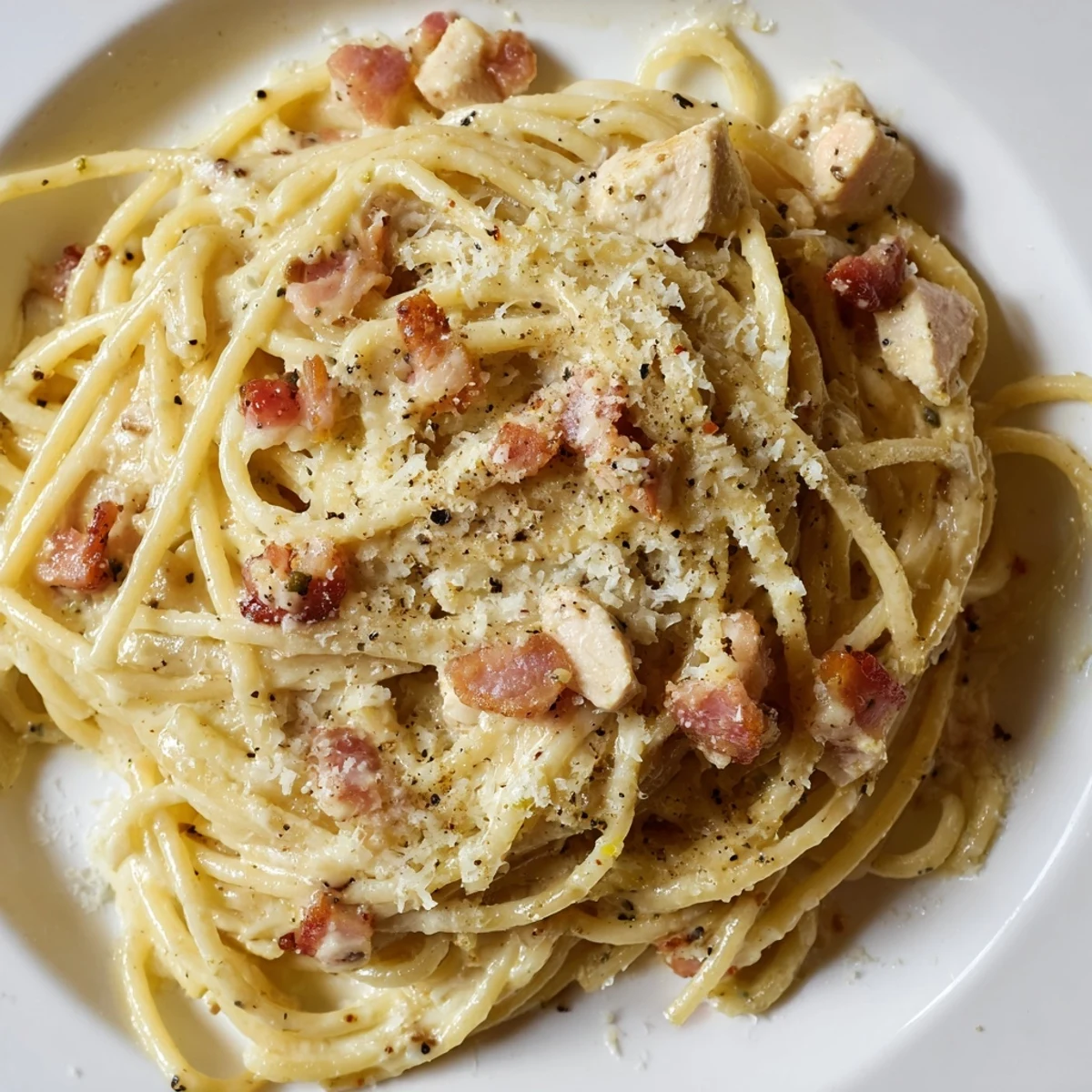 Freshly grated Parmesan and tender shredded chicken tossed with al dente spaghetti in a creamy, peppery sauce.