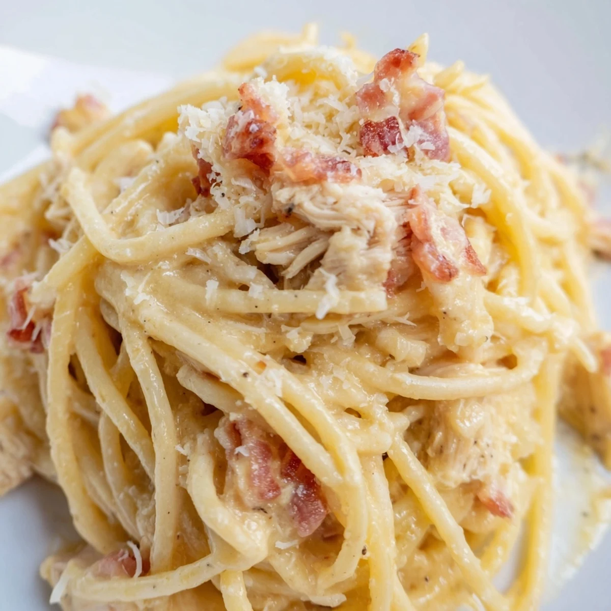 Serving homemade Chicken Carbonara topped with chopped parsley and extra Parmesan, paired with a glass of white wine.