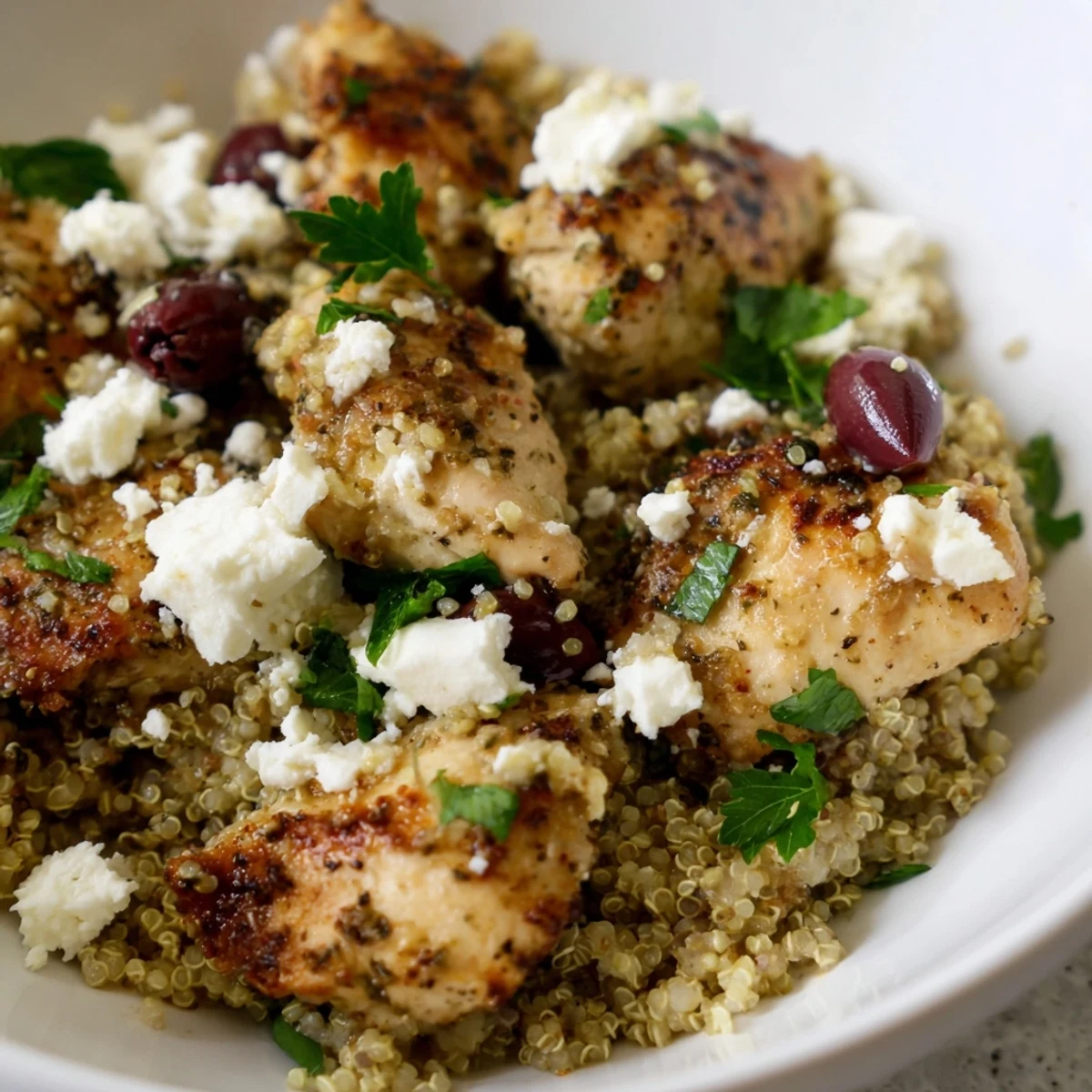 Fork-tender Mediterranean Chicken Bowl with fluffy quinoa and feta, garnished with parsley.