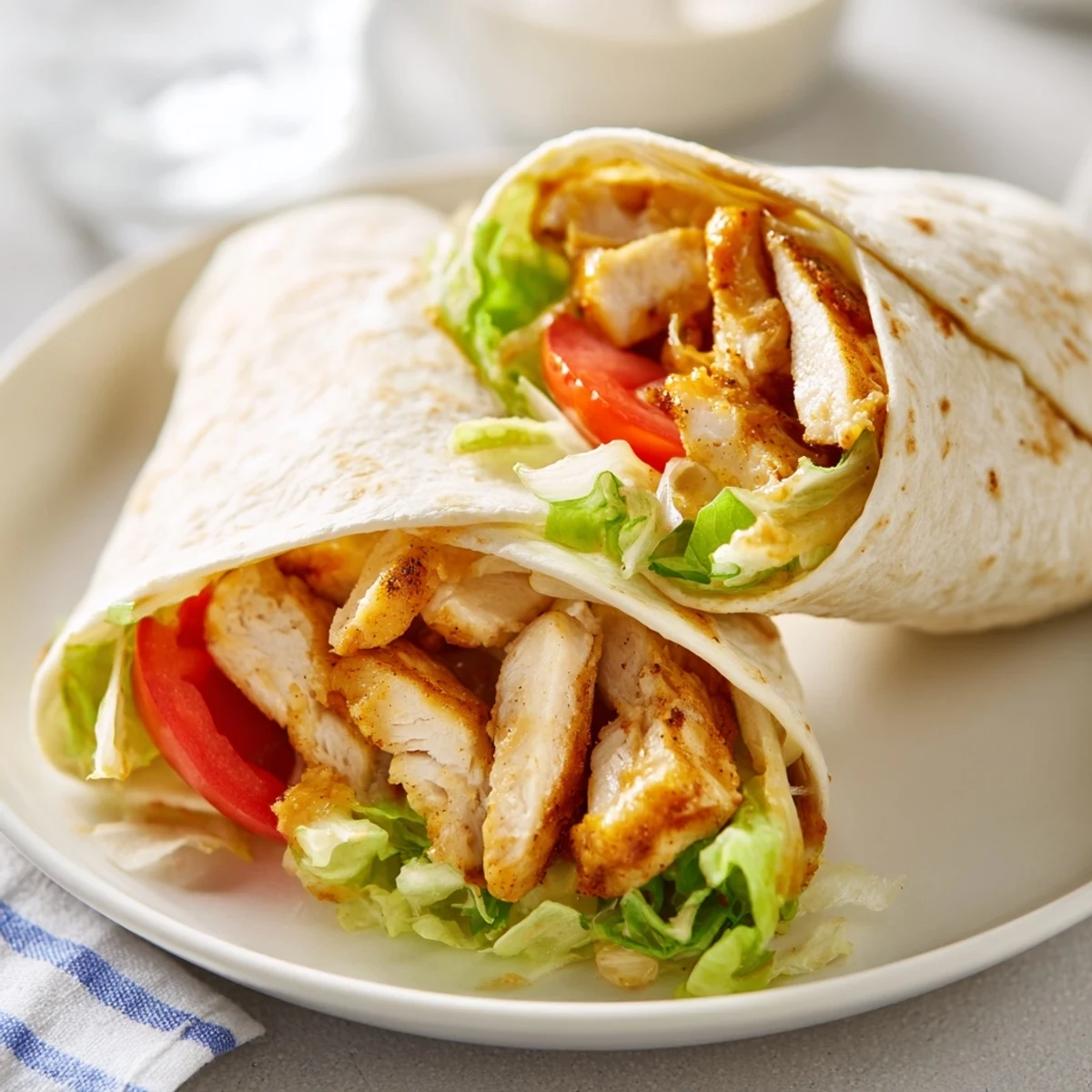 Hearty Honey Mustard Chicken Wrap cut in half, revealing juicy grilled chicken, tangy honey-mustard dressing, and fresh tomato on a whole wheat tortilla.  